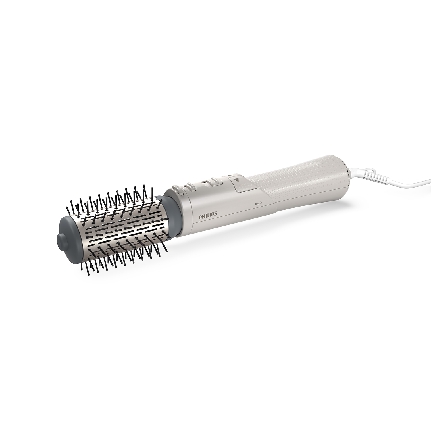 A Philips hair styling brush, white, with a rotating brush head.