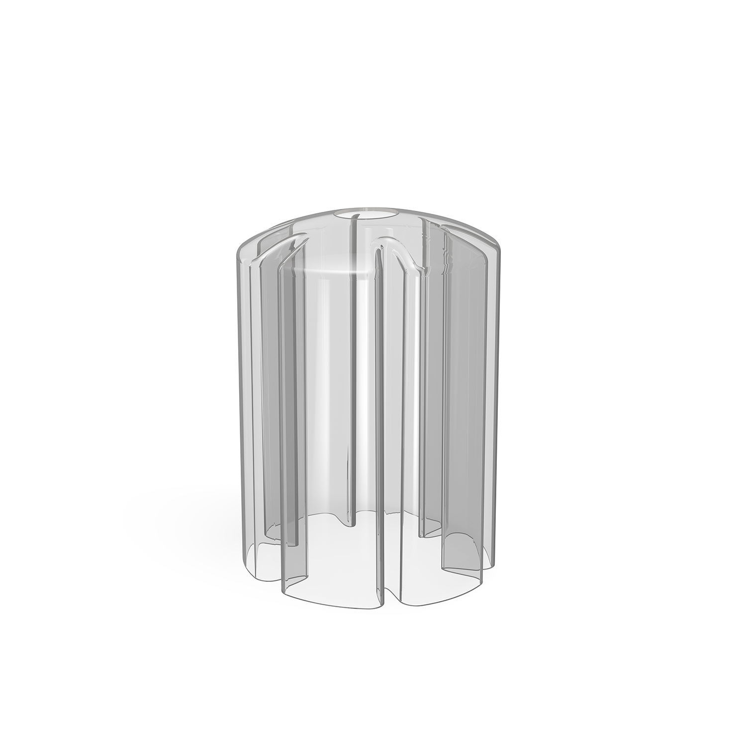 A transparent plastic knob cover. It is shaped like a cylinder with vertical ridges.