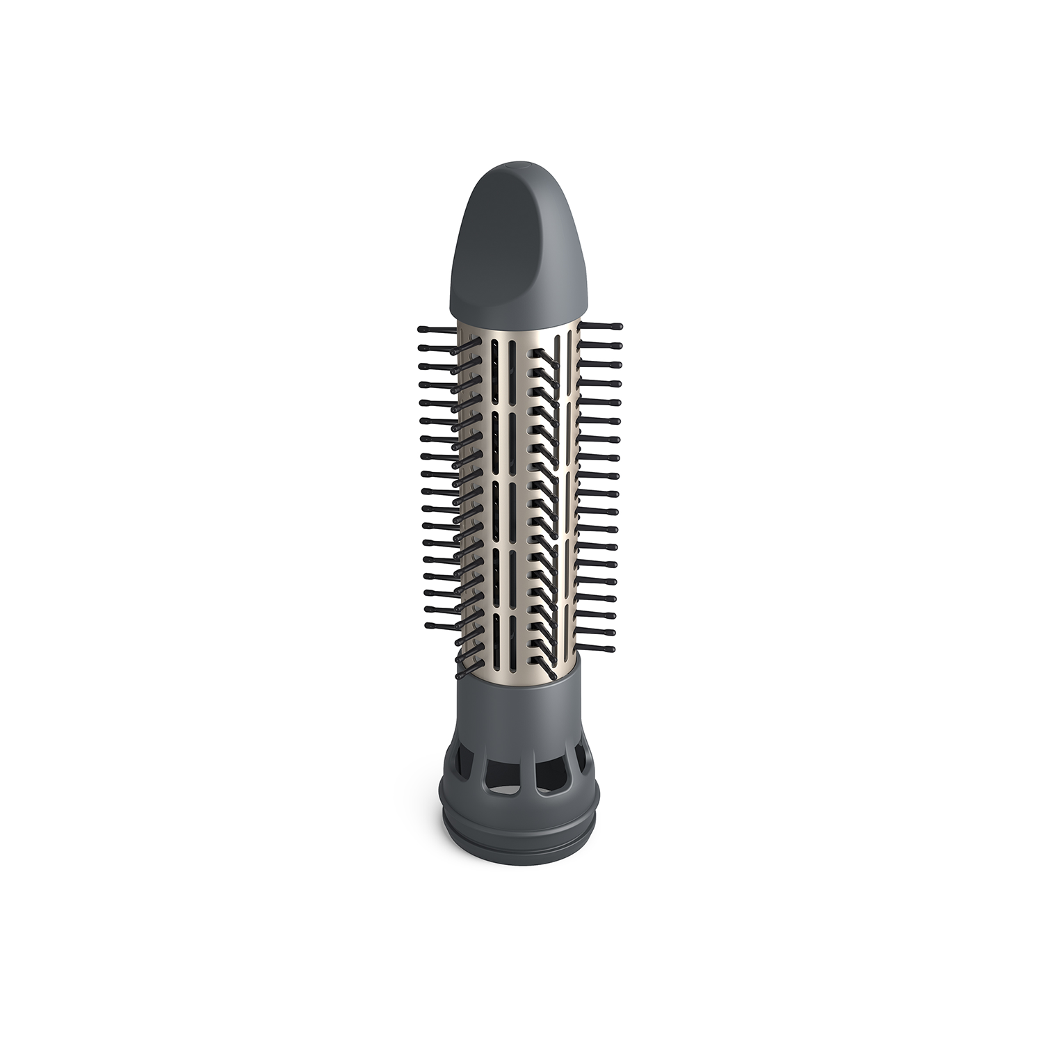 A grey hair dryer attachment. It has a cylindrical shape with bristles. The design is modern and sleek.