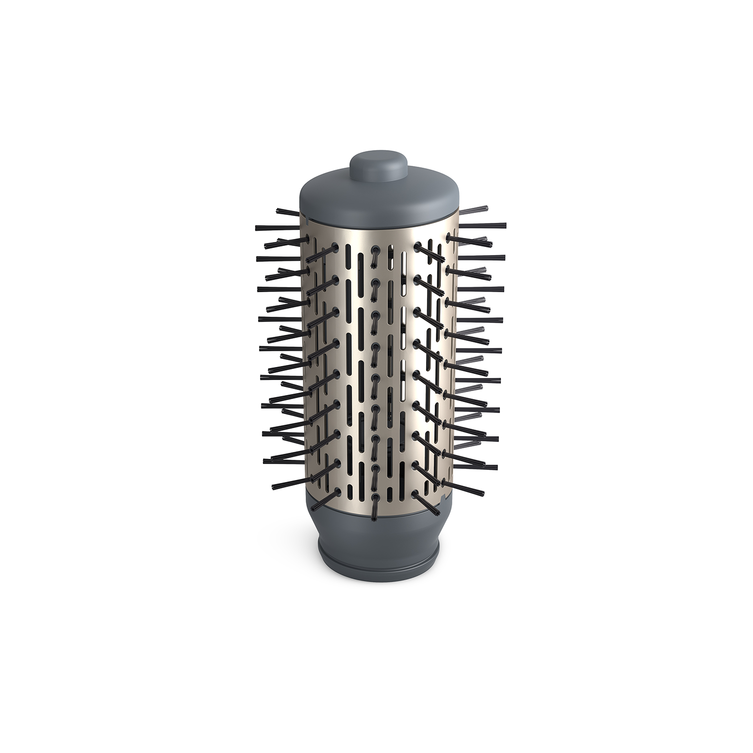 Hair dryer brush, gray and silver, with black bristles.