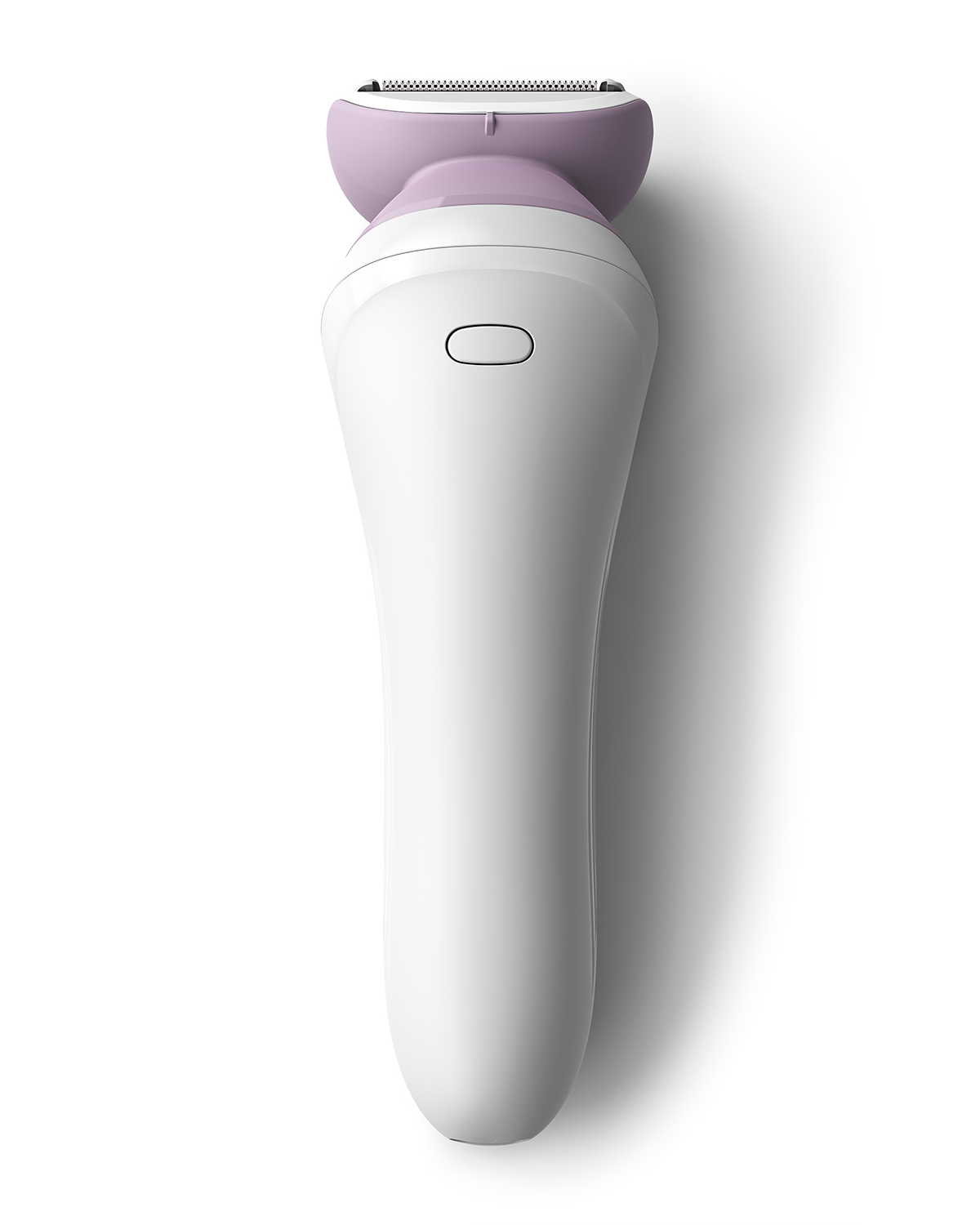 White and purple body shaver. Sleek design, white handle, purple head with trimmer and button.
