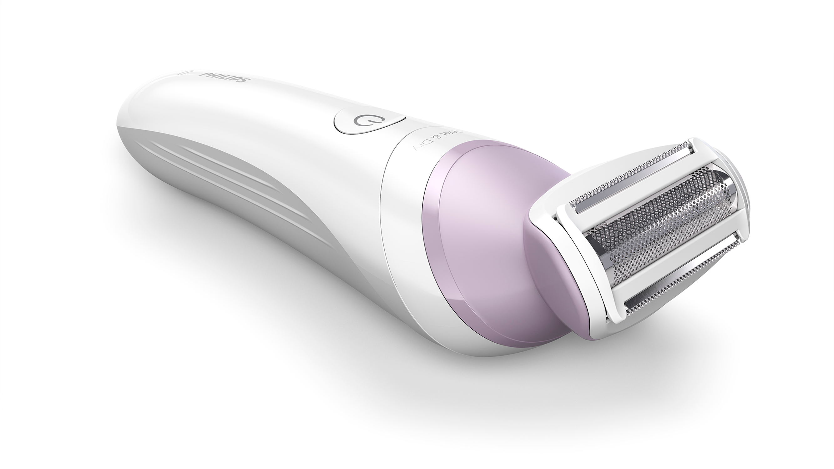 White and pink Philips epilator, angled, on white background.