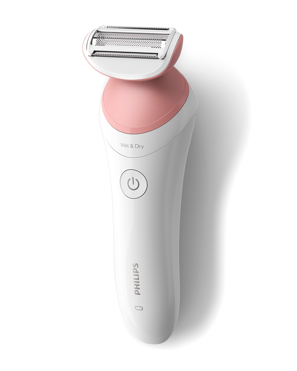 White and pink electric shaver on white background. Wet & Dry, power button.