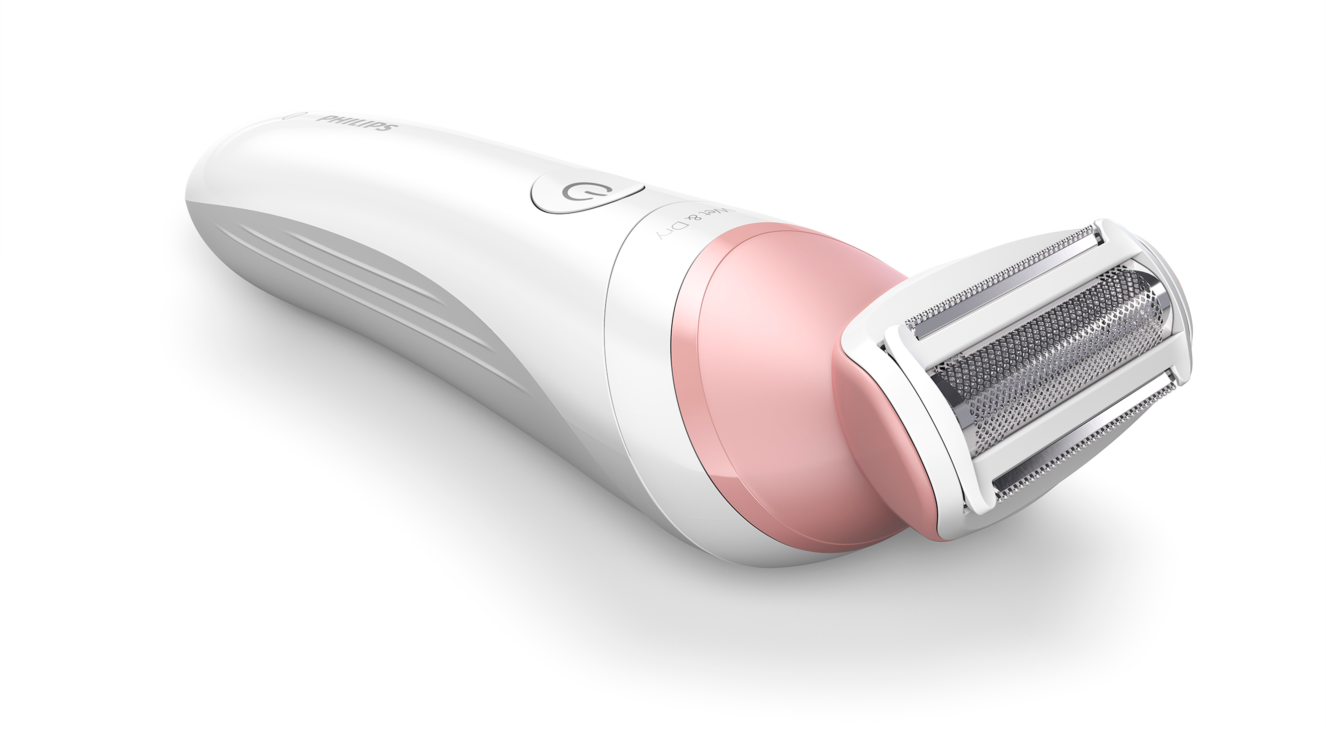 A white and pink Philips shaver on a white background.