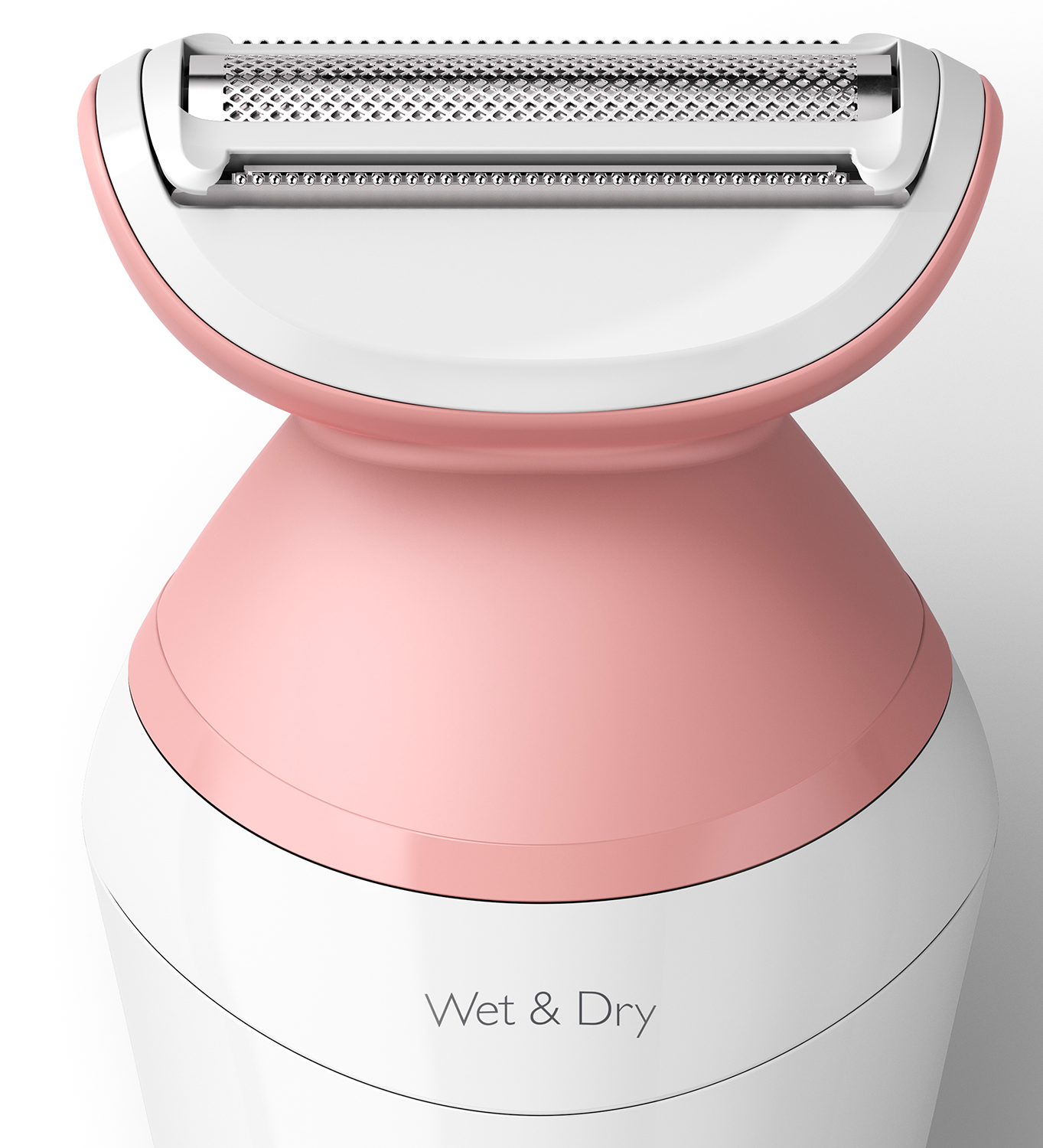 A pink and white electric shaver, the head is white and silver.