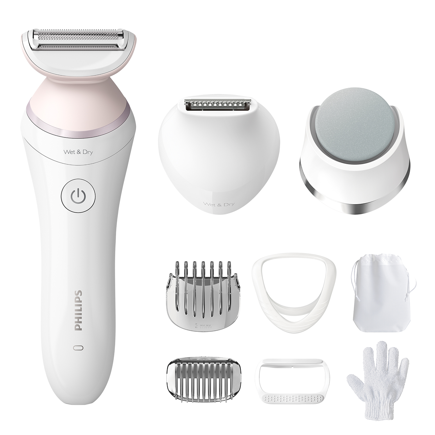 Witte en roze Philips epilator met diverse opzetstukken, waaronder een scheerapparaat en voetvijl.