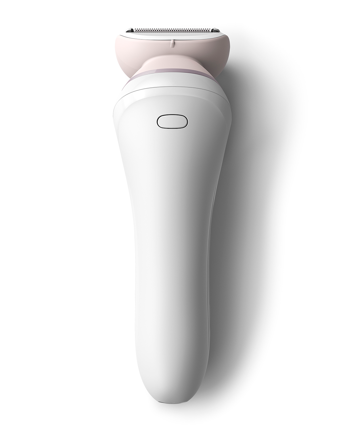 Witte elektrische scheerapparaat. De kop is lichtroze met een zilveren mes. Witte achtergrond.
