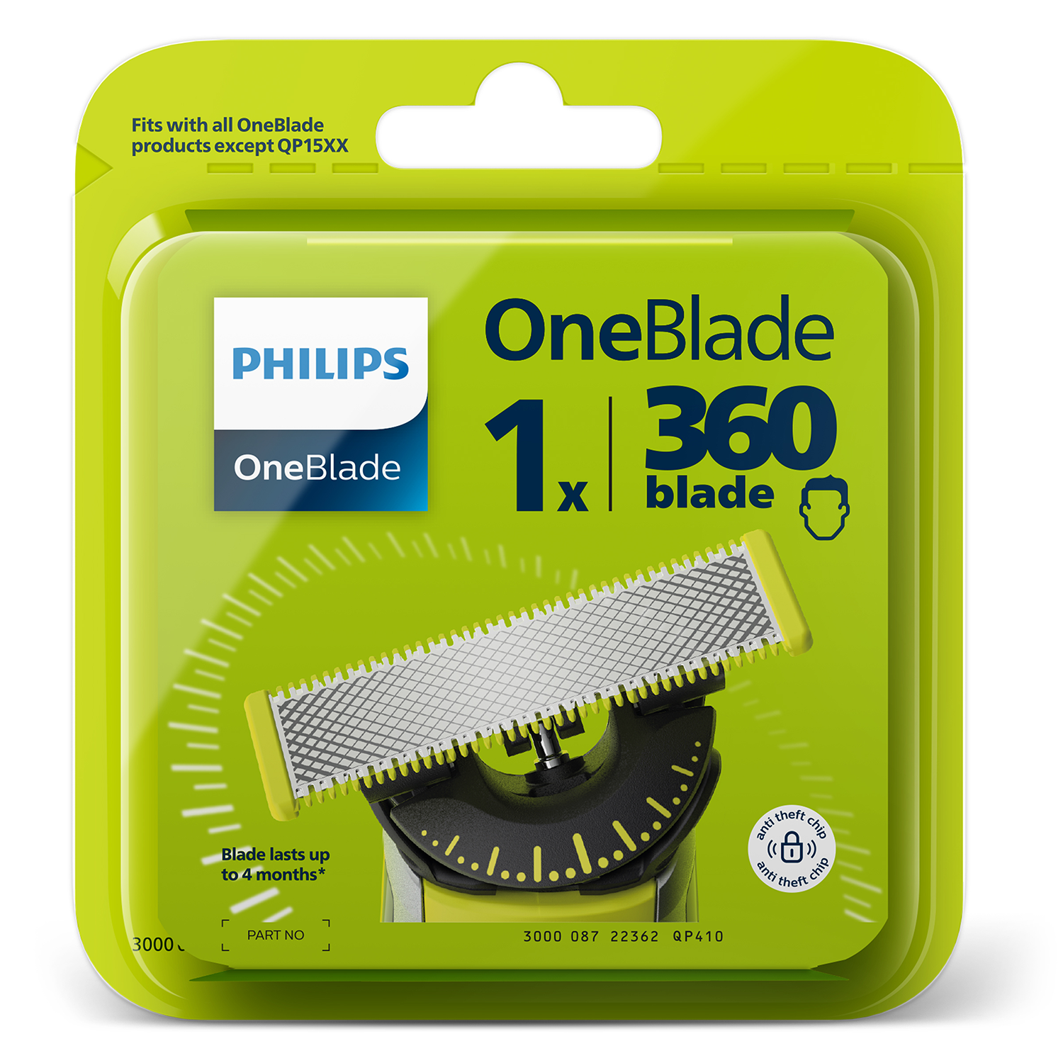 A Philips OneBlade blade package with text, a blade, and a protective cap, with a green and yellow color scheme.