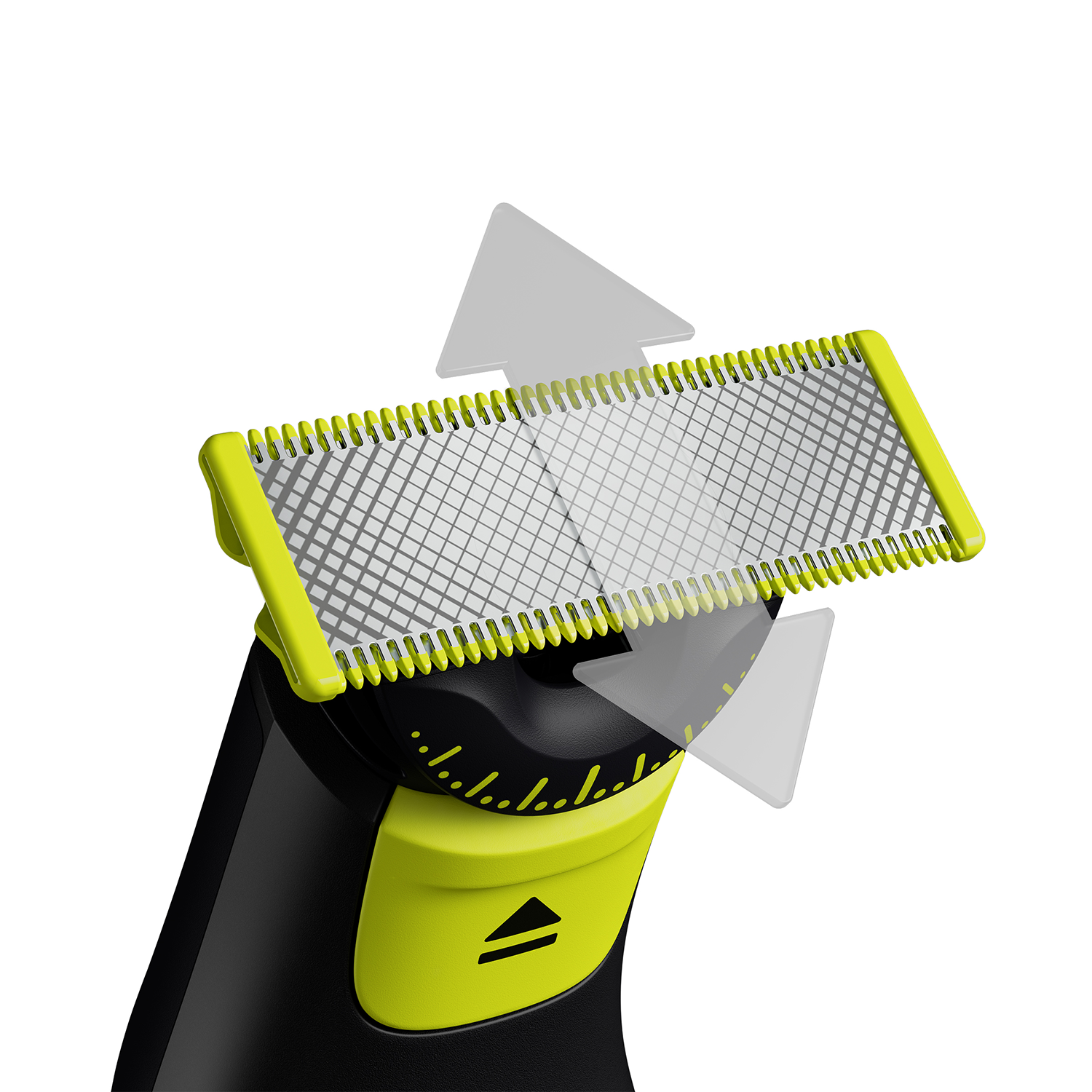Close-up van de mesbevestiging van de trimmer met pijlen, op een witte achtergrond.