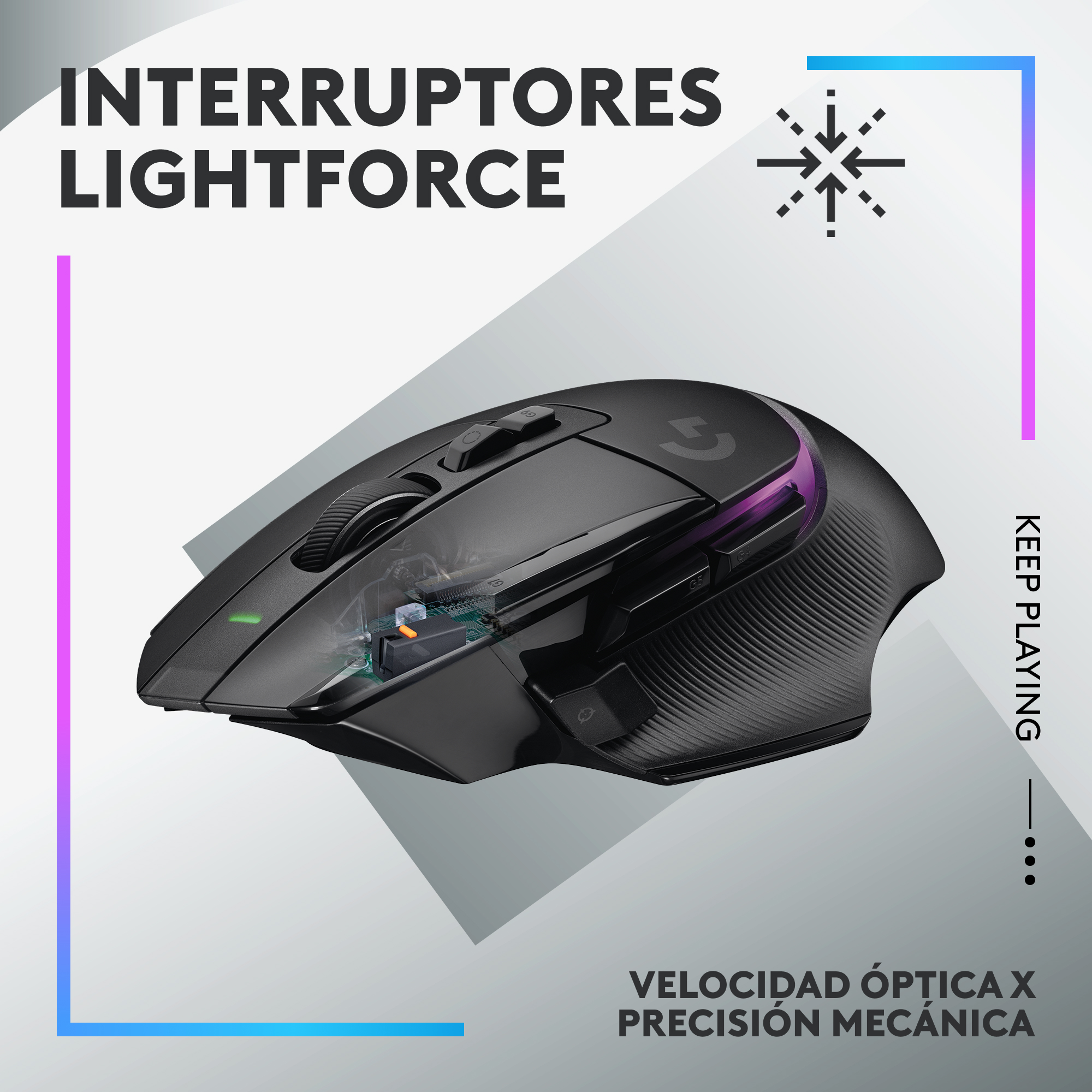 Ratón gaming negro con interruptores Lightforce. El ratón tiene un diseño elegante con una rueda de desplazamiento.