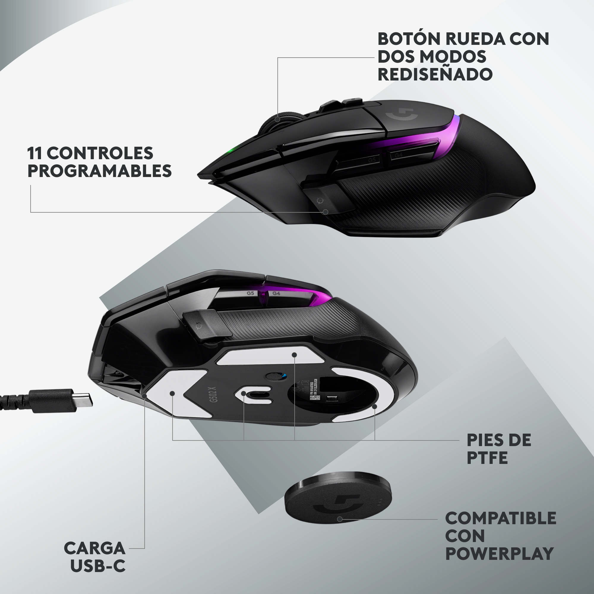Ratón para juegos con etiquetas. Negro con detalles morados. Carga USB y pies de PTFE.