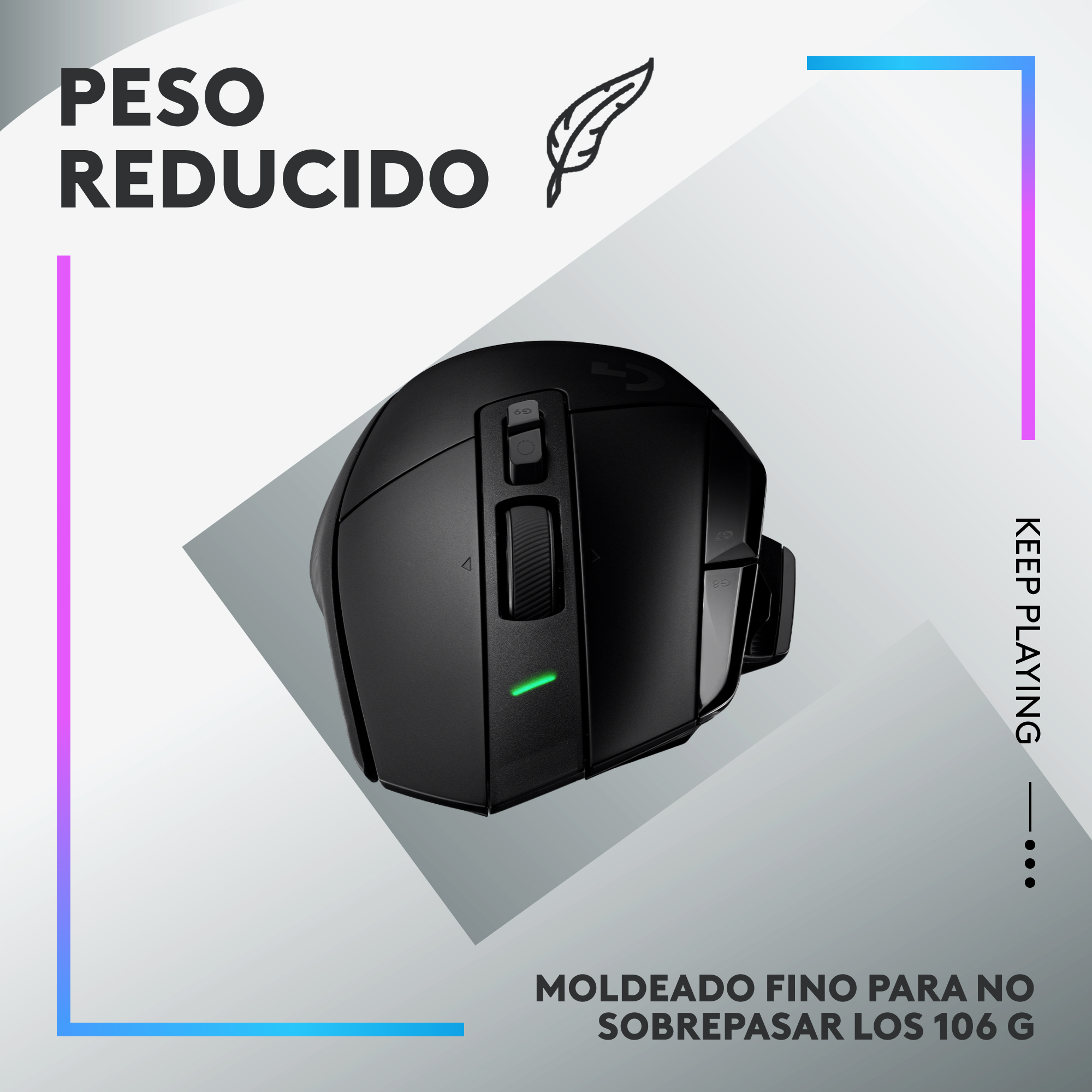 Ratón gaming negro con luz verde. Texto: 'Peso Reducido' y 'Moldeado fino'.