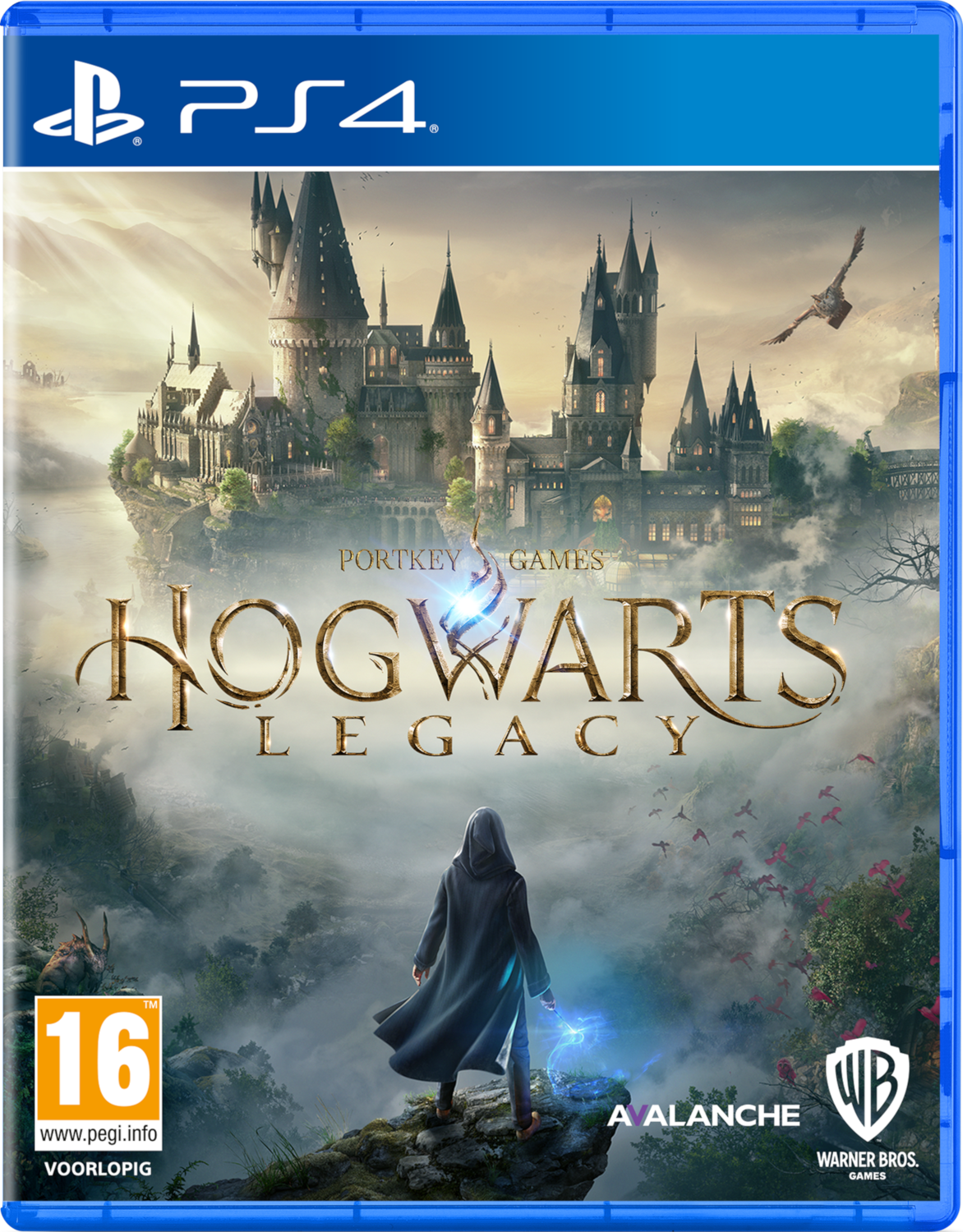 PS4 gamebox voor Hogwarts Legacy. Persoon in een cape voor een kasteel. Blauwe case.