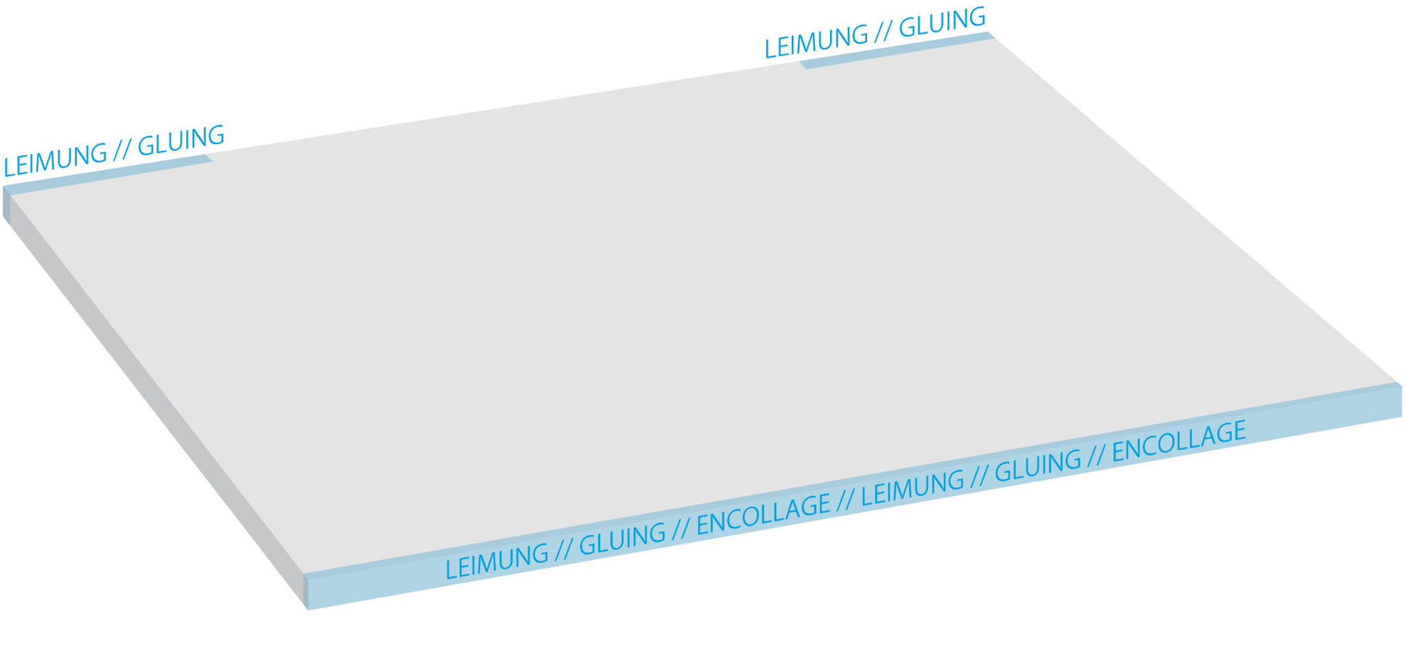 Ein weißes rechteckiges Objekt mit blauen Rändern, das den Text trägt: 'LEIMUNG // GLUING' und 'ENCOLLAGE'.