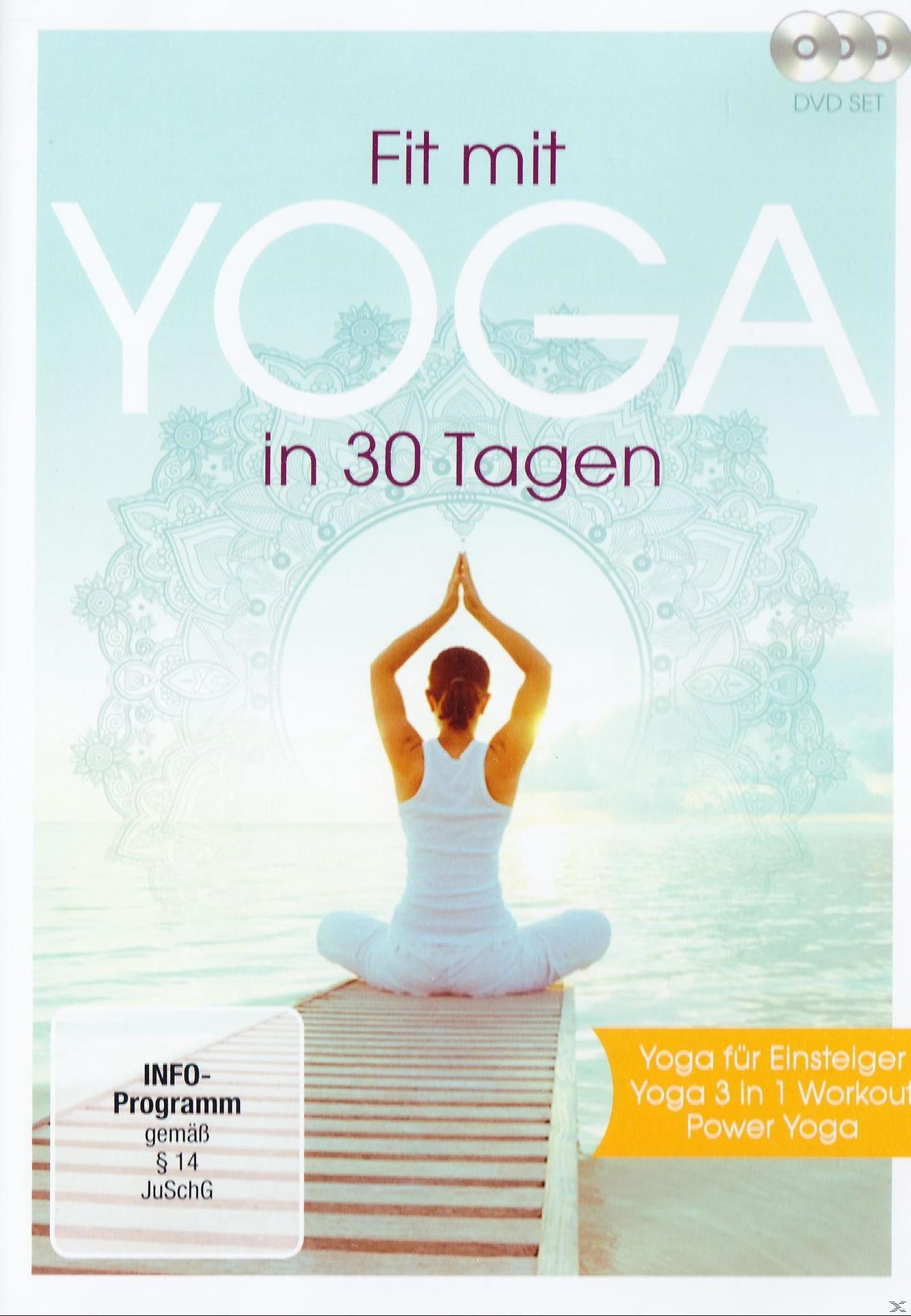 DVD-Cover mit einer Frau in Weiß, die Yoga auf einem Steg macht, Text "Fit mit Yoga".