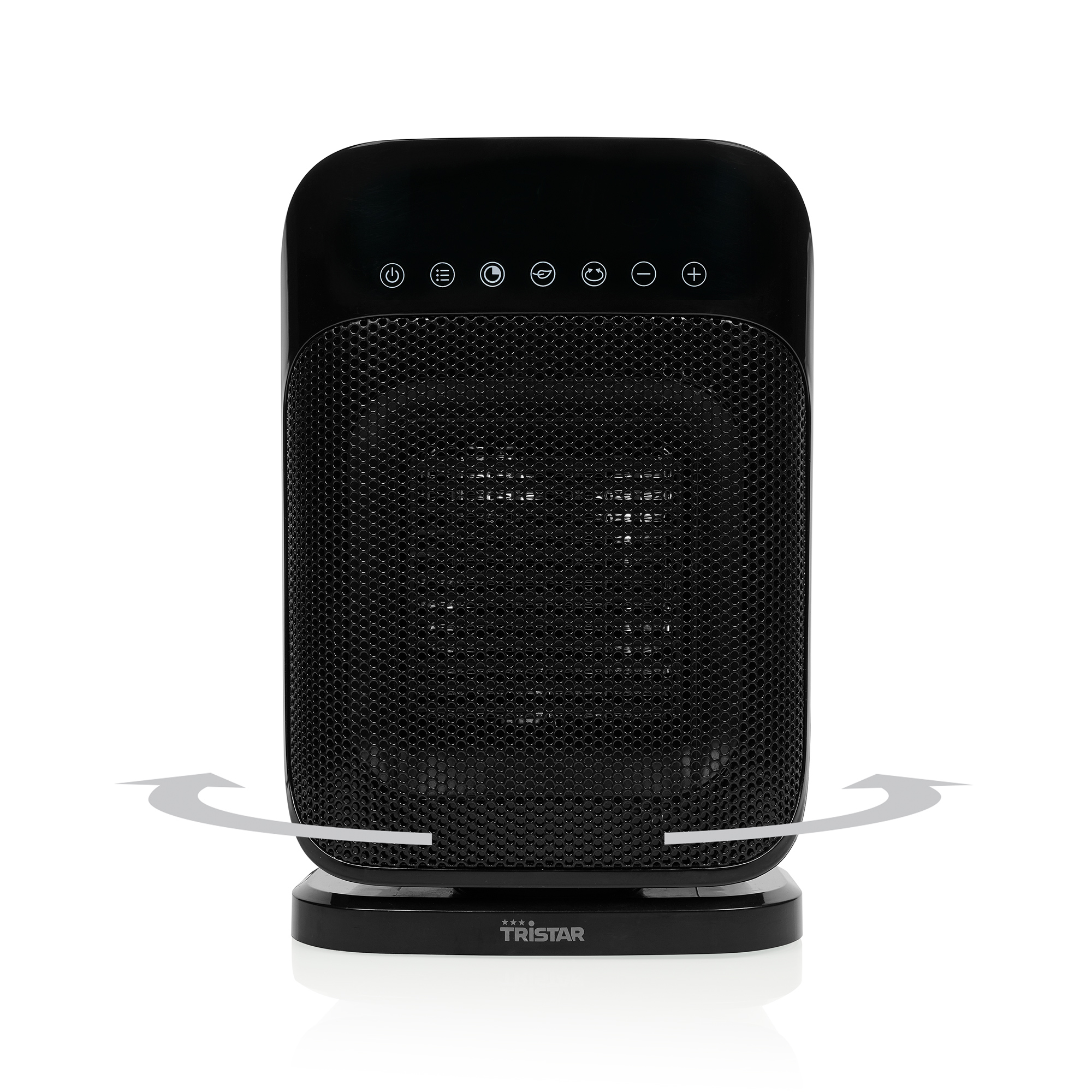 Termoventilatore elettrico nero con griglia nera. Sfondo bianco. Frecce indicano la rotazione.