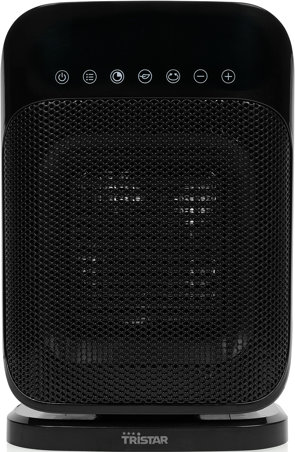 Riscaldatore elettrico nero con griglia frontale e pannello comandi.