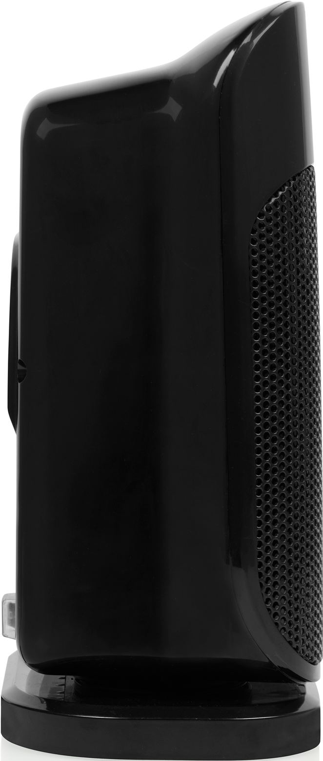 Purificatore d'aria nero, vista laterale. Ha una forma arrotondata e una sezione perforata.