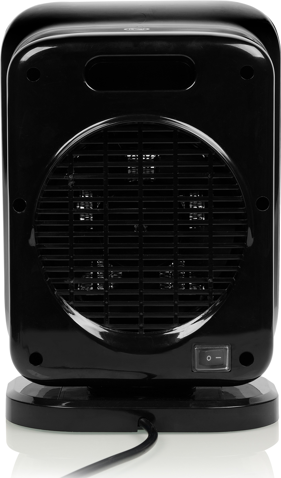 Termoventilatore elettrico nero con ventola e interruttore. Il retro ha una griglia e la base è nera.