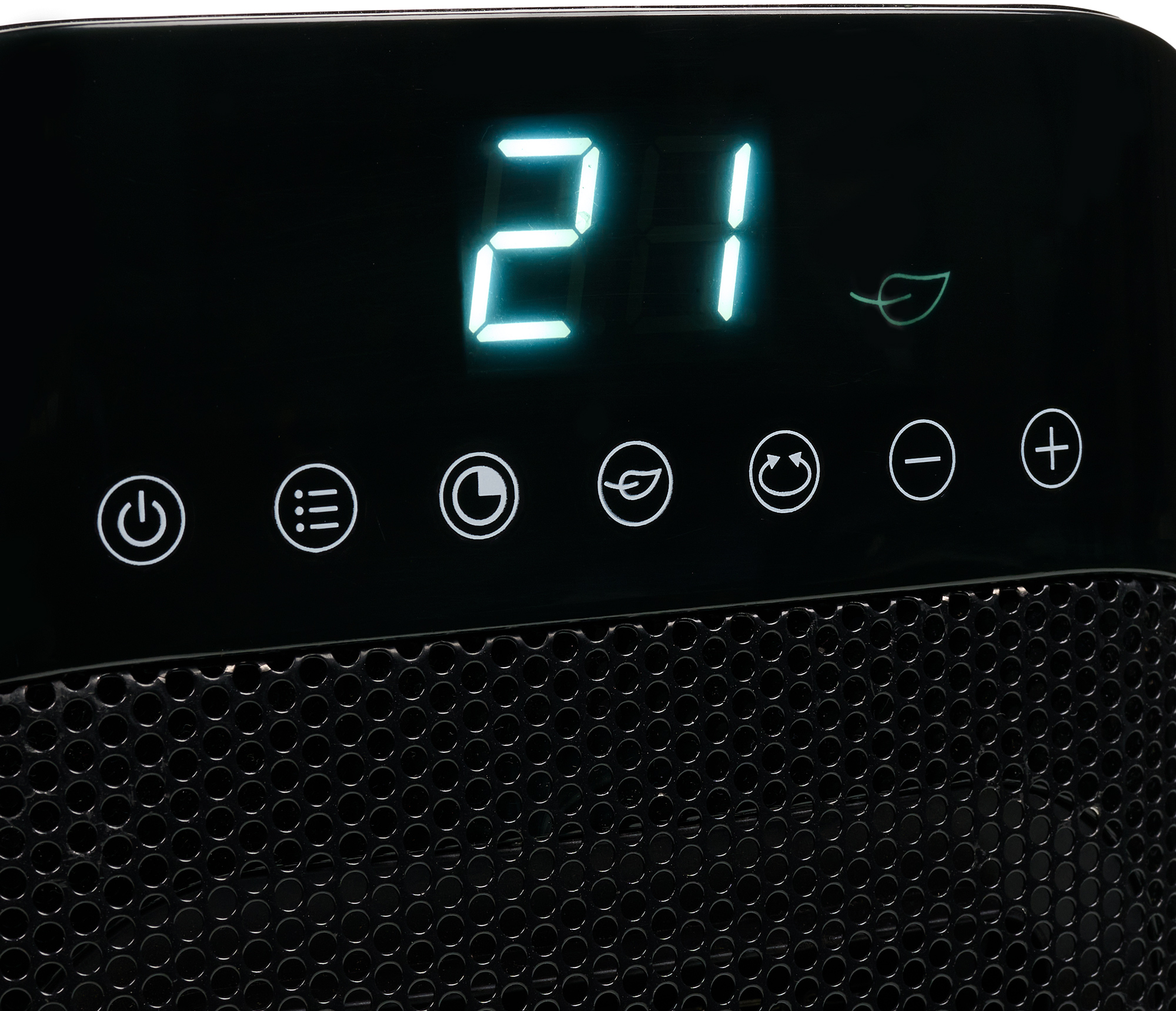 Un dispositivo nero con display digitale che mostra '21' e vari pulsanti di controllo.