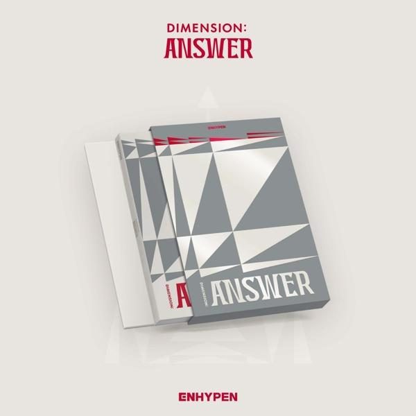 ENHYPEN album borító: 'Dimension: Answer'. Szürke, fehér és piros design.