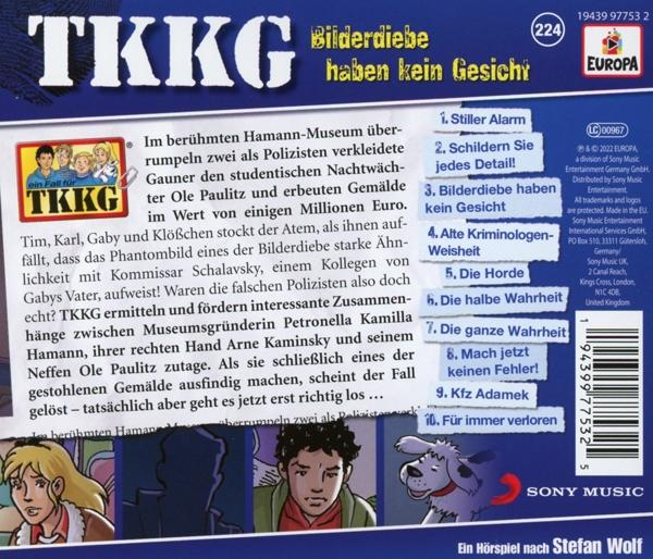Rückseite eines TKKG-Buches mit deutschem Text und einem Cartoon.