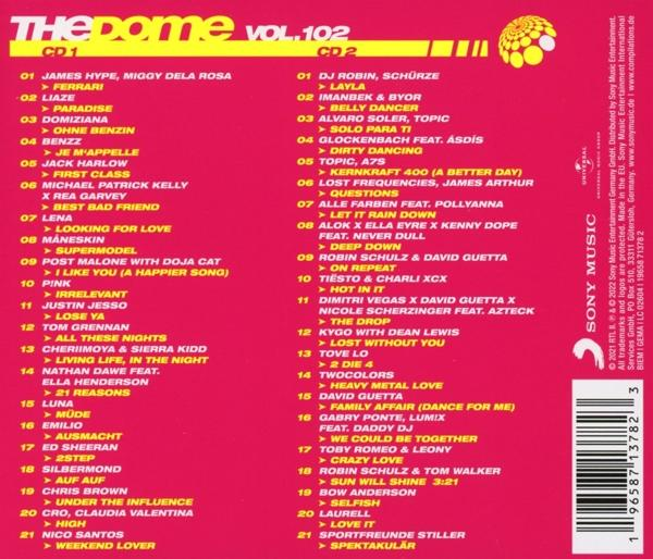 Albumcover für THE DOME VOL.102, mit einer Vielzahl von Songtiteln und einem Logo.