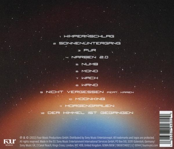 Albumcover mit deutschen Songtiteln, mit Weltraum-Hintergrund.
