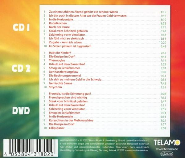 CD-Hülle mit Titellisten. CD- und DVD-Listen sind sichtbar. Der Text ist auf Deutsch.