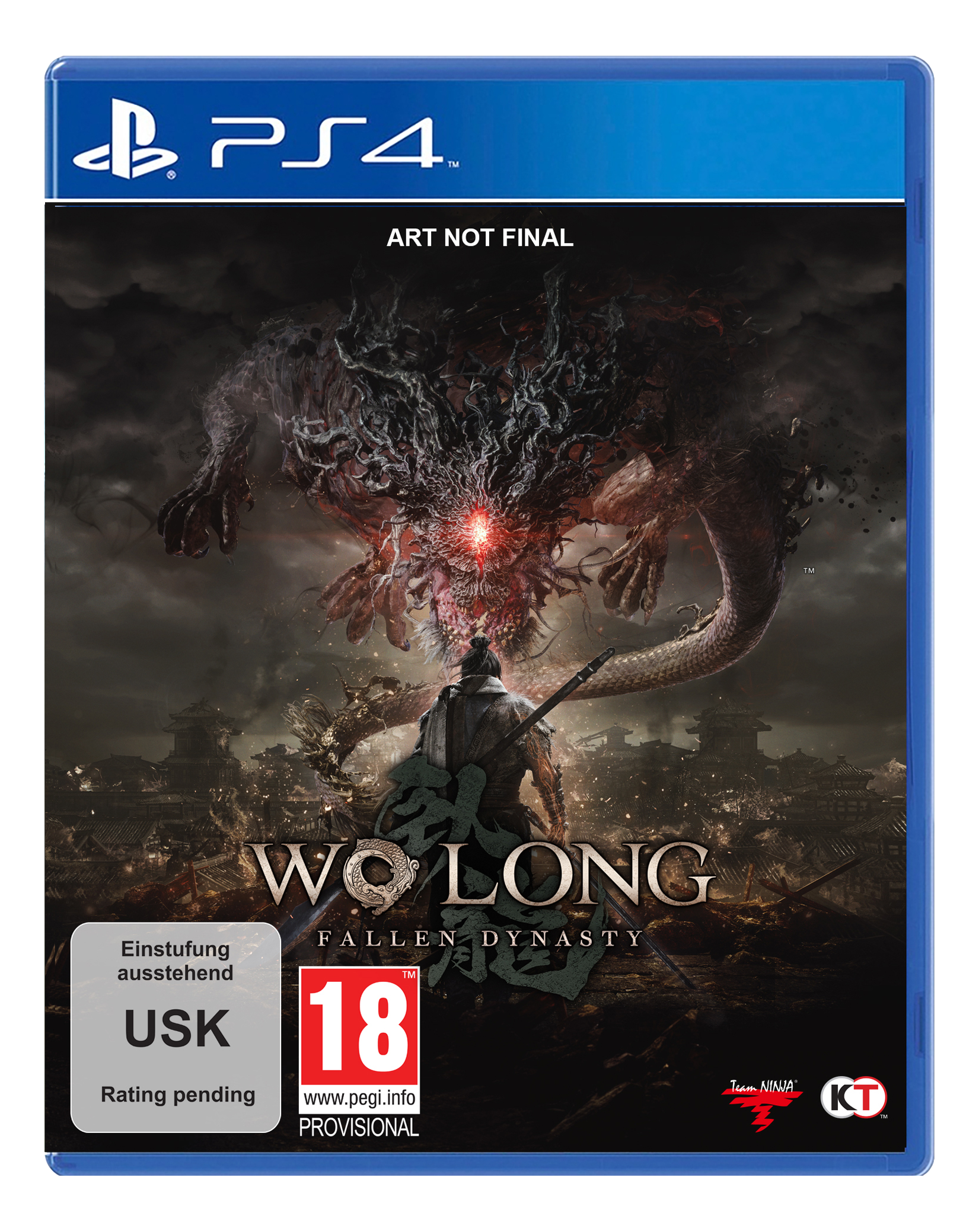PS4-Spielcover: Wo Long: Fallen Dynasty. Ein Krieger steht einem Drachen gegenüber, dunkler Hintergrund.