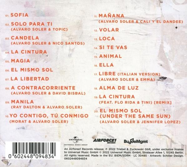 Albumcover mit Titelliste. Titel und Künstlernamen sind weiß auf farbigem Hintergrund.