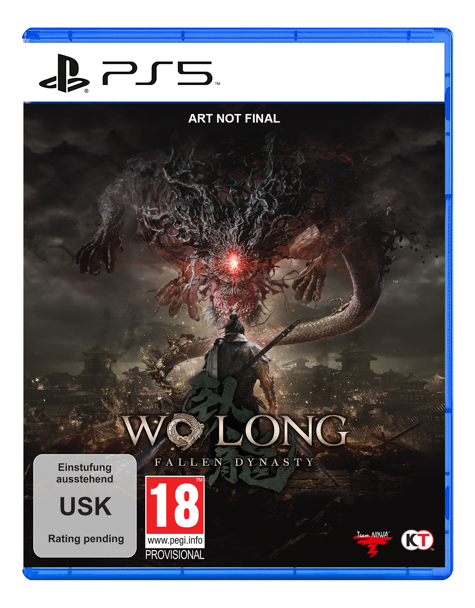 Spielcover: Ein Krieger steht einem Drachen gegenüber. Der Titel lautet 'Wo Long: Fallen Dynasty'. PS5-Logo oben.