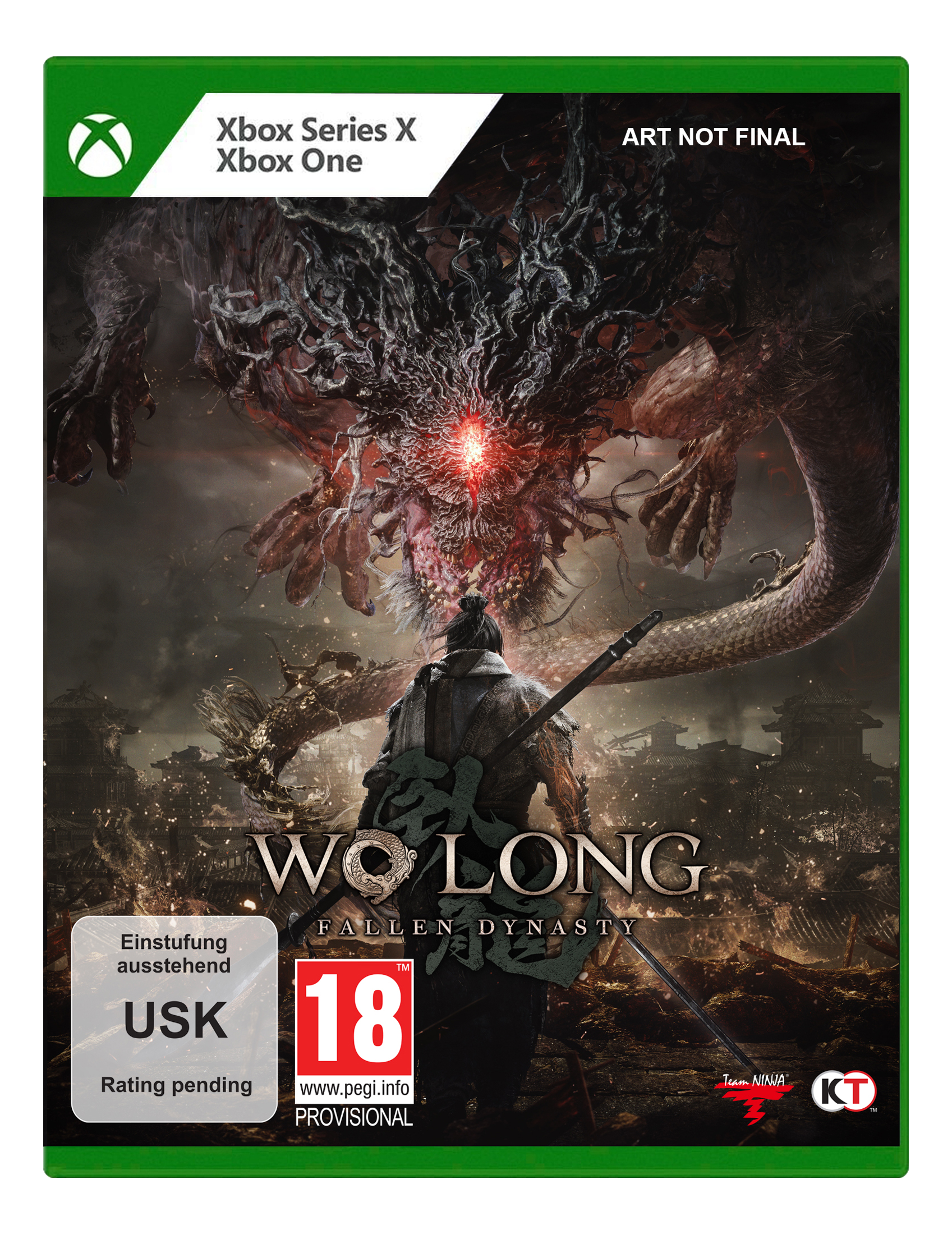 Spielbox-Art für 'Wo Long: Fallen Dynasty'. Ein Krieger steht einem Drachen mit einem großen Schwert gegenüber.