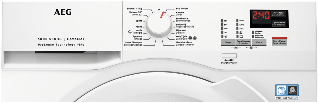 AEG washing machine control panel showing program selection, temperature, spin speed, and digital display.