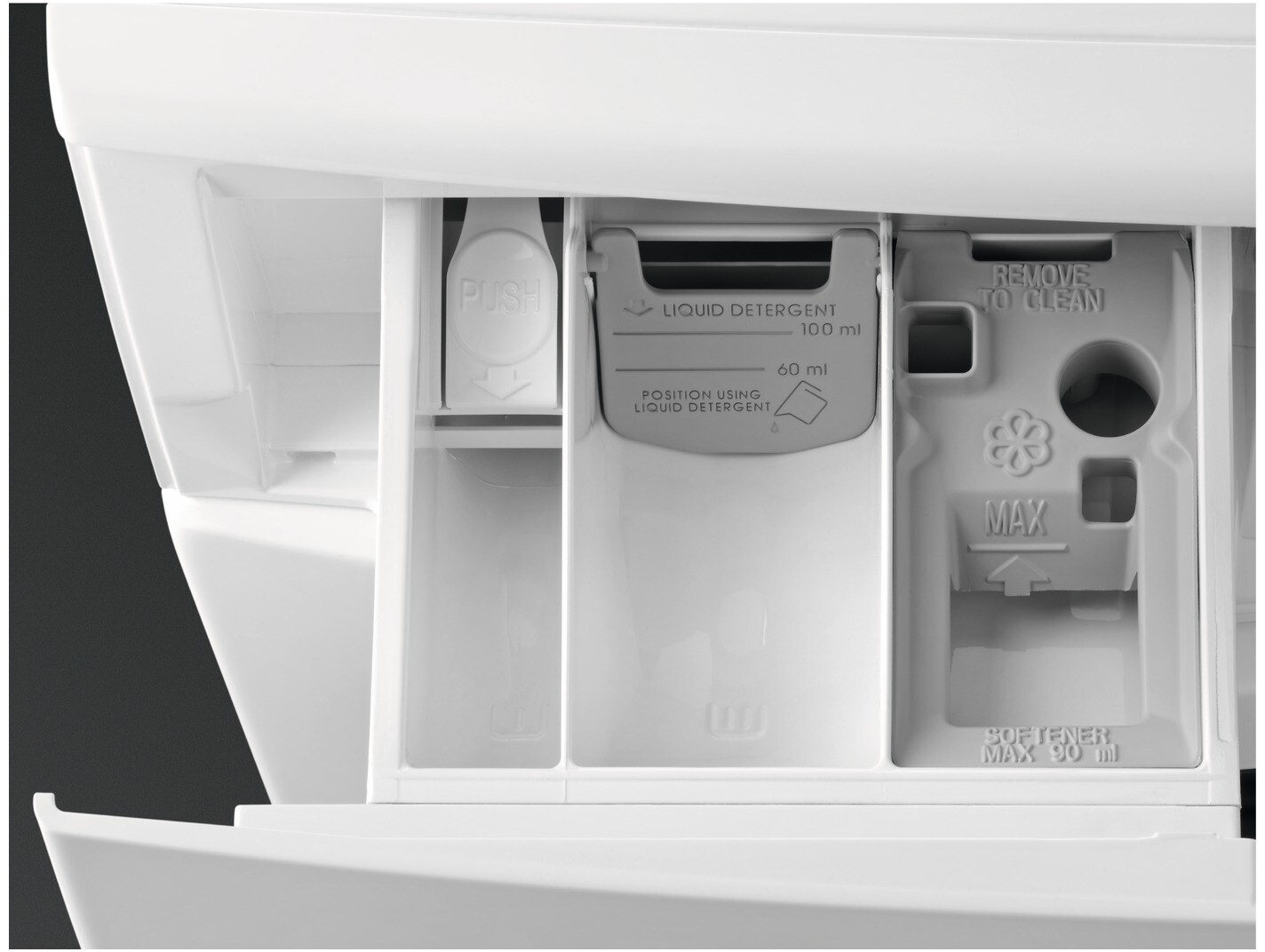 A pull-out washing machine detergent dispenser with compartments for detergent and softener.