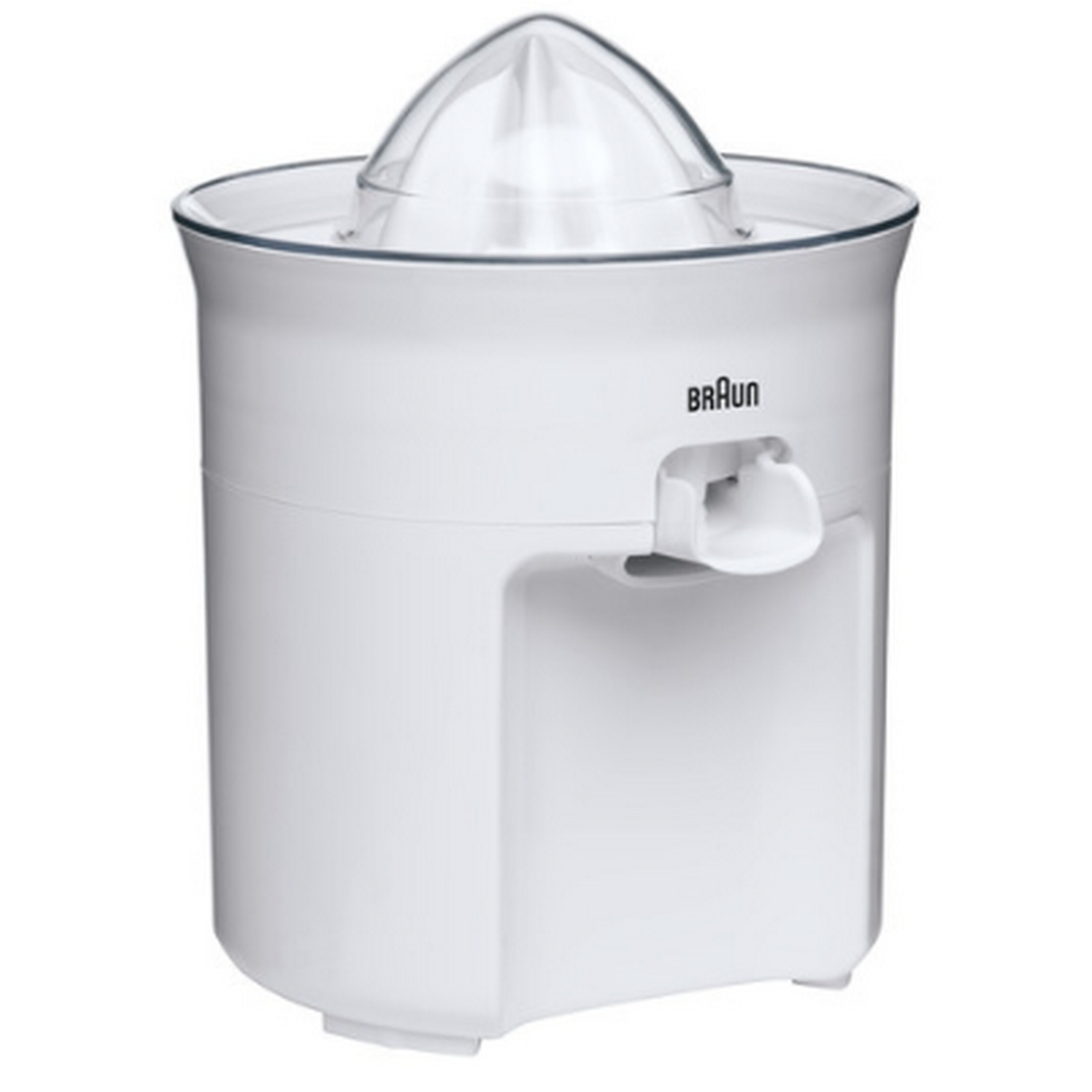 Exprimidor eléctrico blanco con tapa transparente, logo Braun en el lateral.