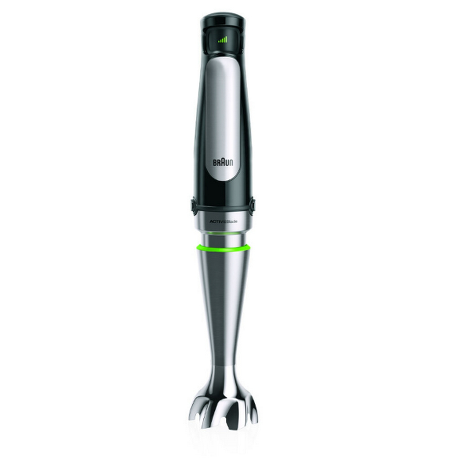 Batidora de mano Braun plateada y negra. Función Active Blade con anillo verde. Diseño elegante.