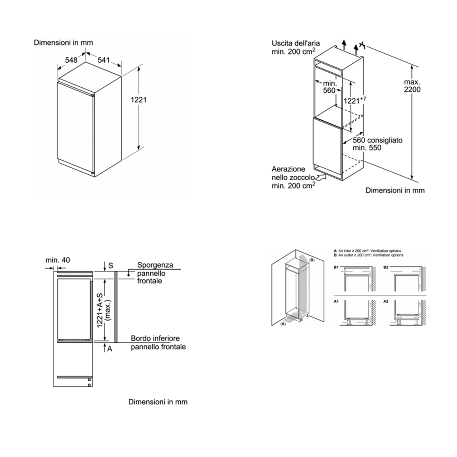 Diagramma di un frigorifero a incasso con dimensioni in mm e opzioni di ventilazione.
