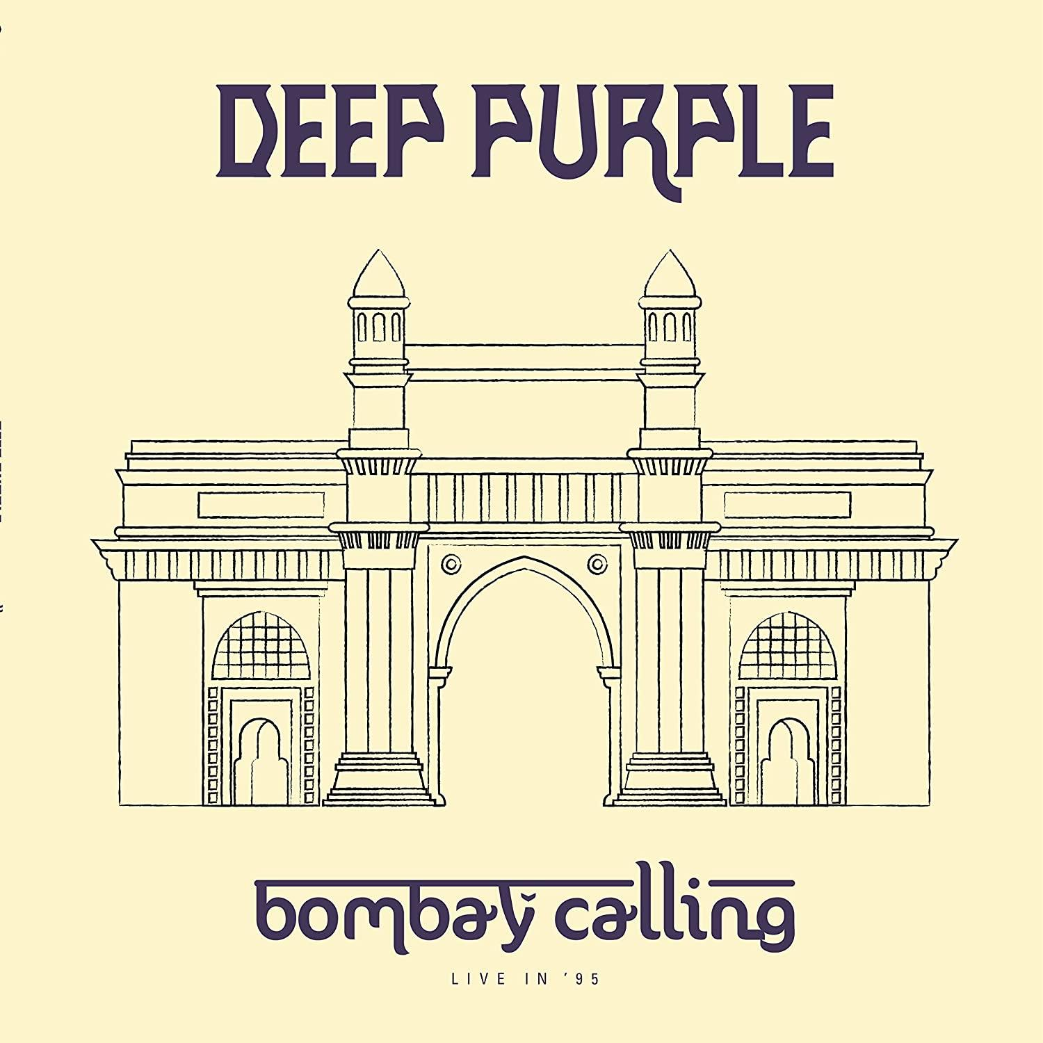 Album borító Deep Purple szöveggel és Bombay Calling felirattal. Egy épület illusztrációja.