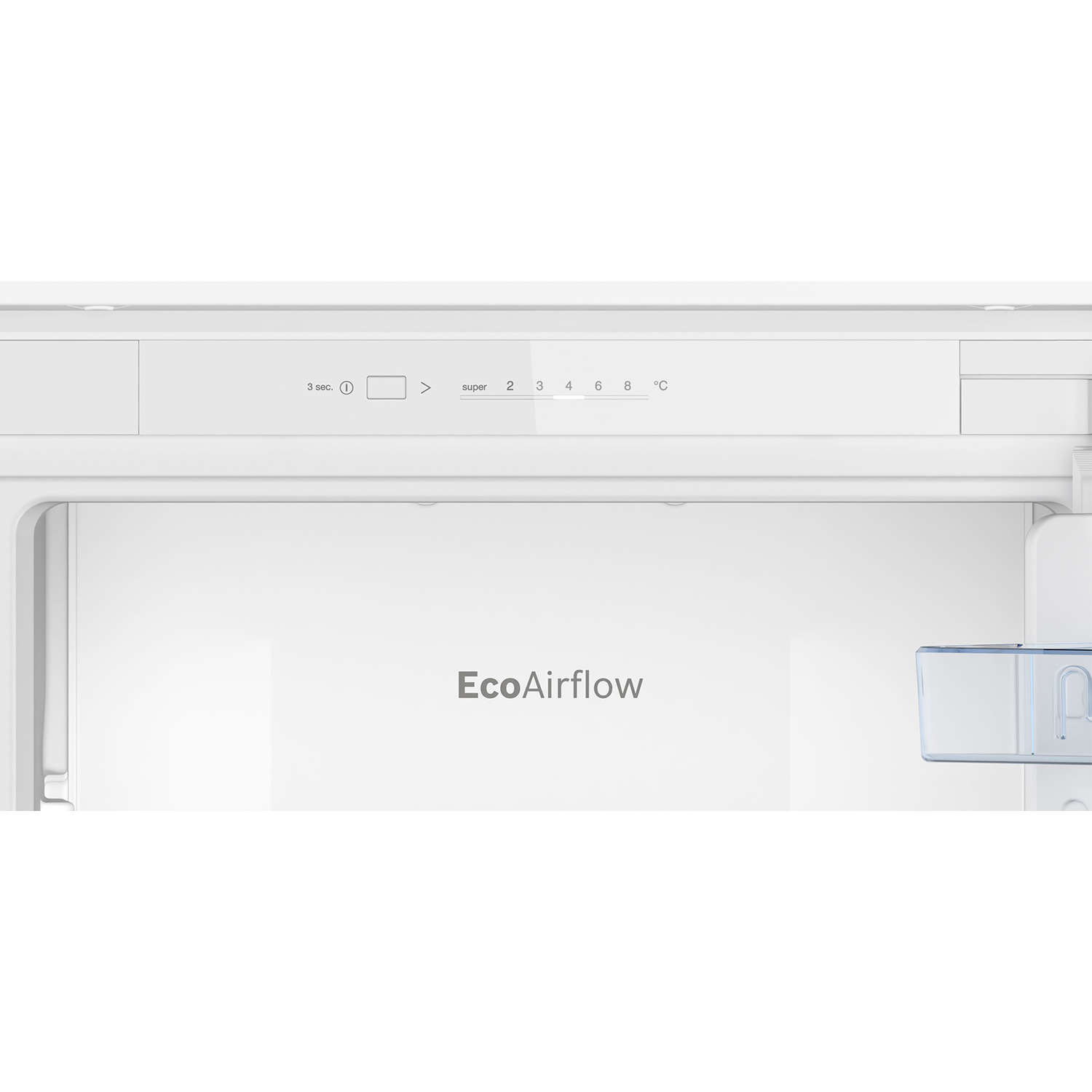 Primo piano dell'interno di un frigorifero bianco, con comandi e il logo EcoAirflow.
