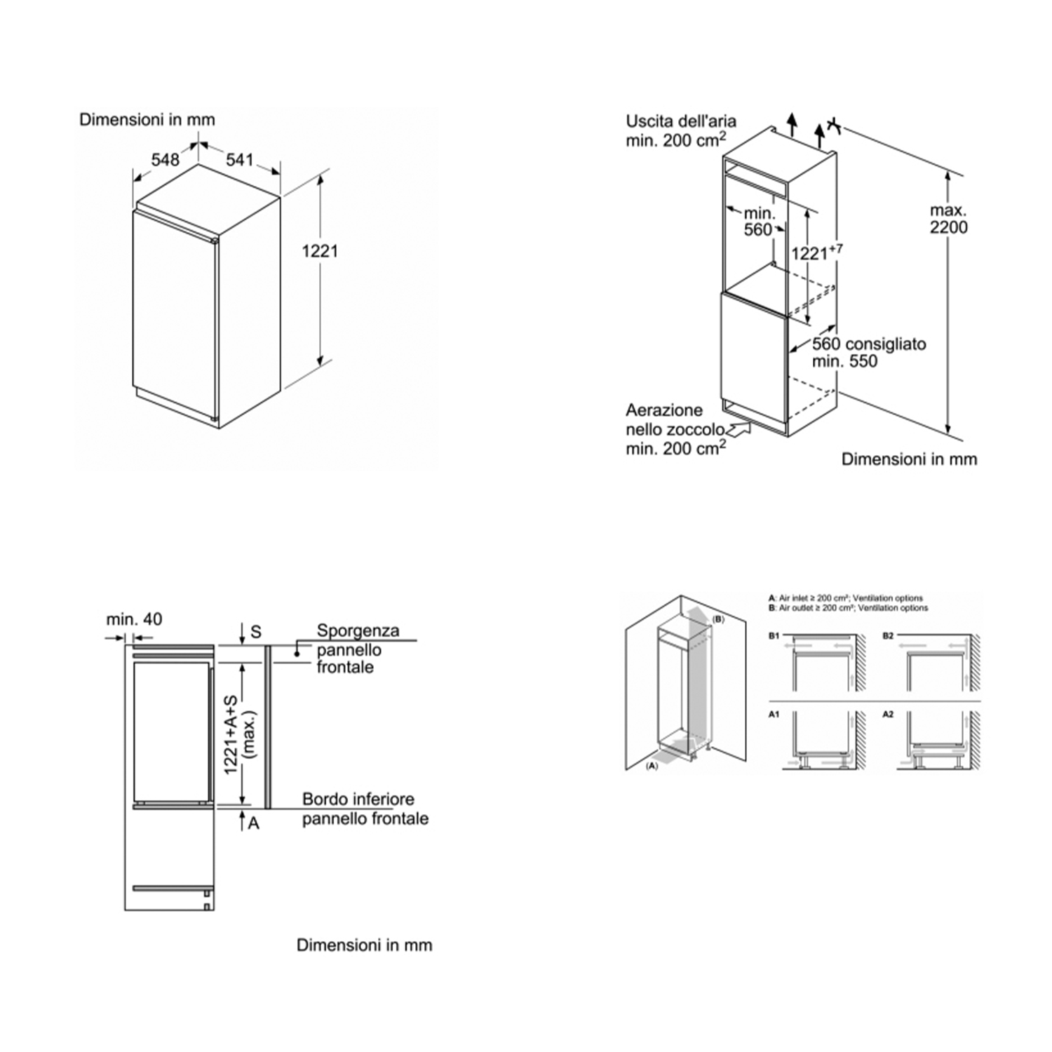 Disegno tecnico di un frigorifero, che mostra dimensioni e opzioni di ventilazione.