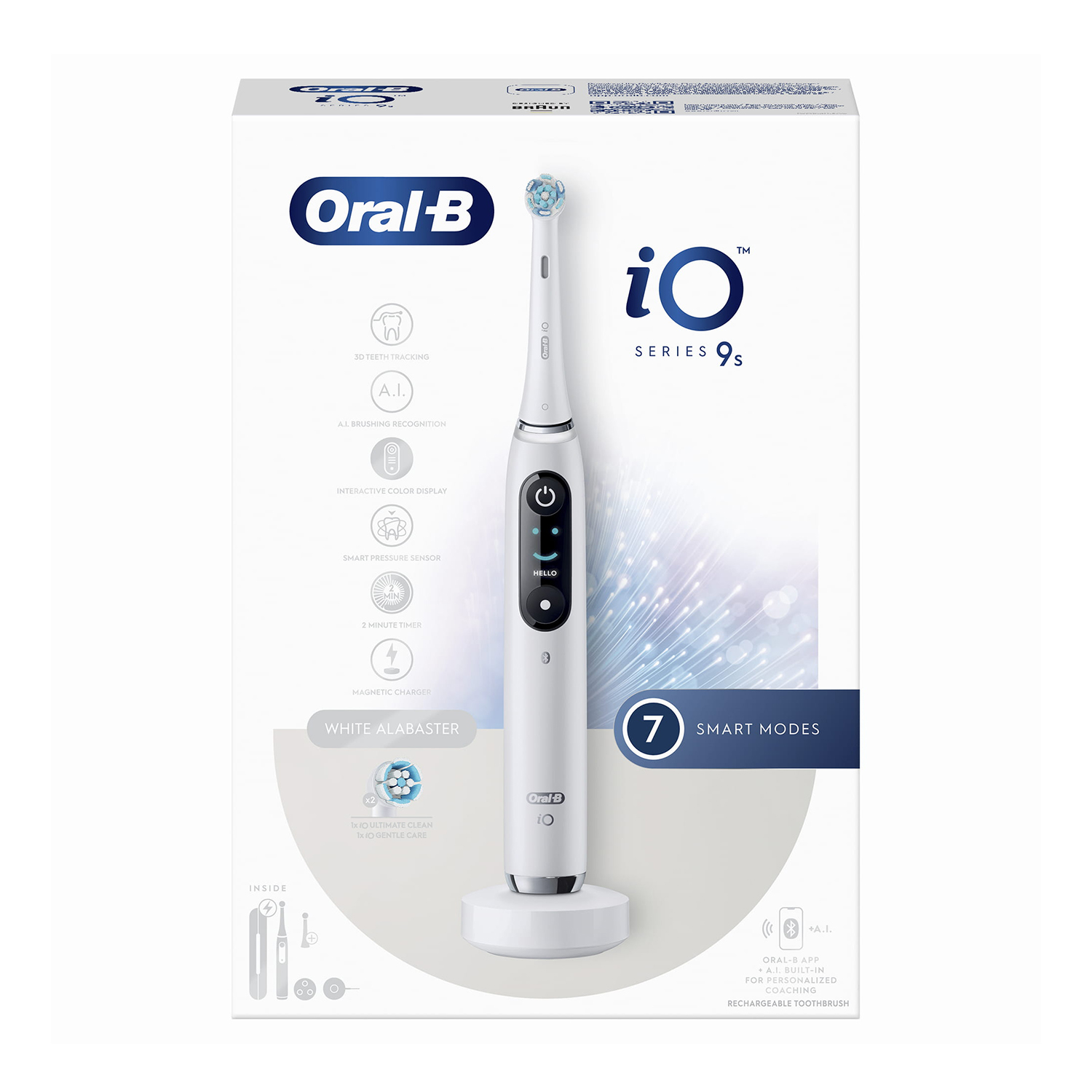 Spazzolino elettrico Oral-B bianco con caricatore, caratteristiche: rilevamento 3D dei denti, IA e modalità intelligenti.