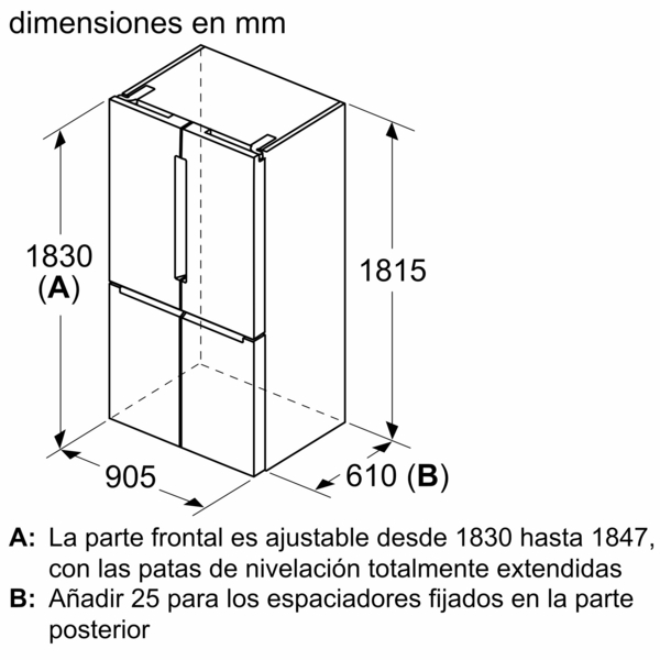 Diagrama de un frigorífico con dimensiones en mm. Fondo blanco con líneas y flechas negras.