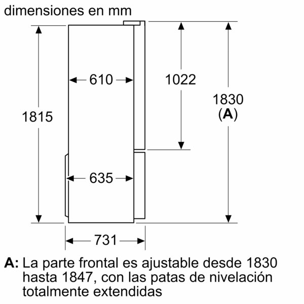 Diagrama de un frigorífico con dimensiones en mm. Texto en español sobre dimensiones.