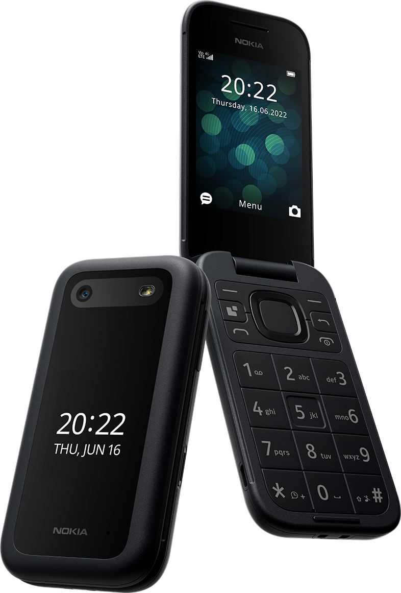 Fekete kagylótelefon nyitva és zárva, mutatja az időt. Nokia logó. Fekete háttér.