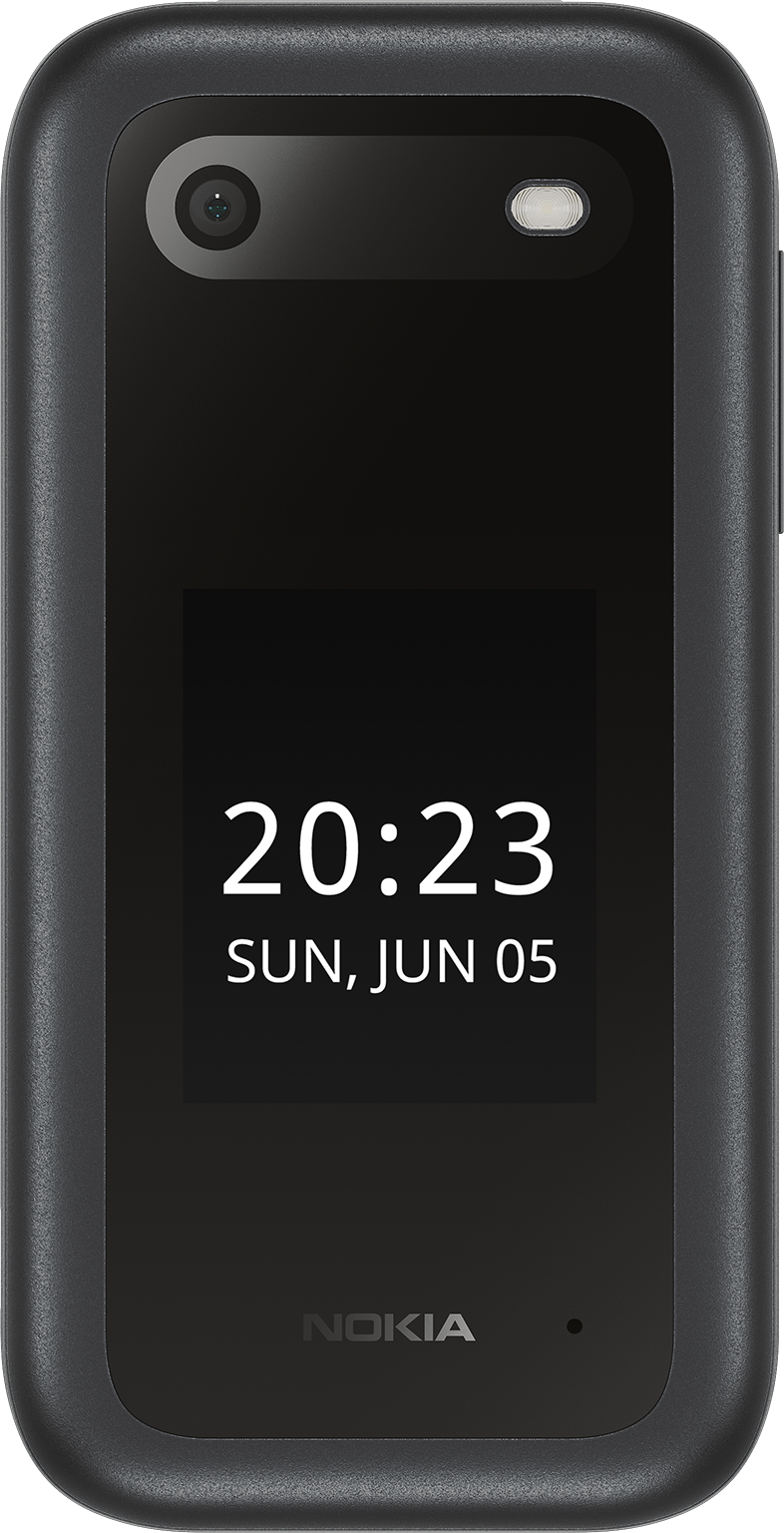 Egy fekete Nokia telefon közeli képe, amelyen az idő és a dátum látható.