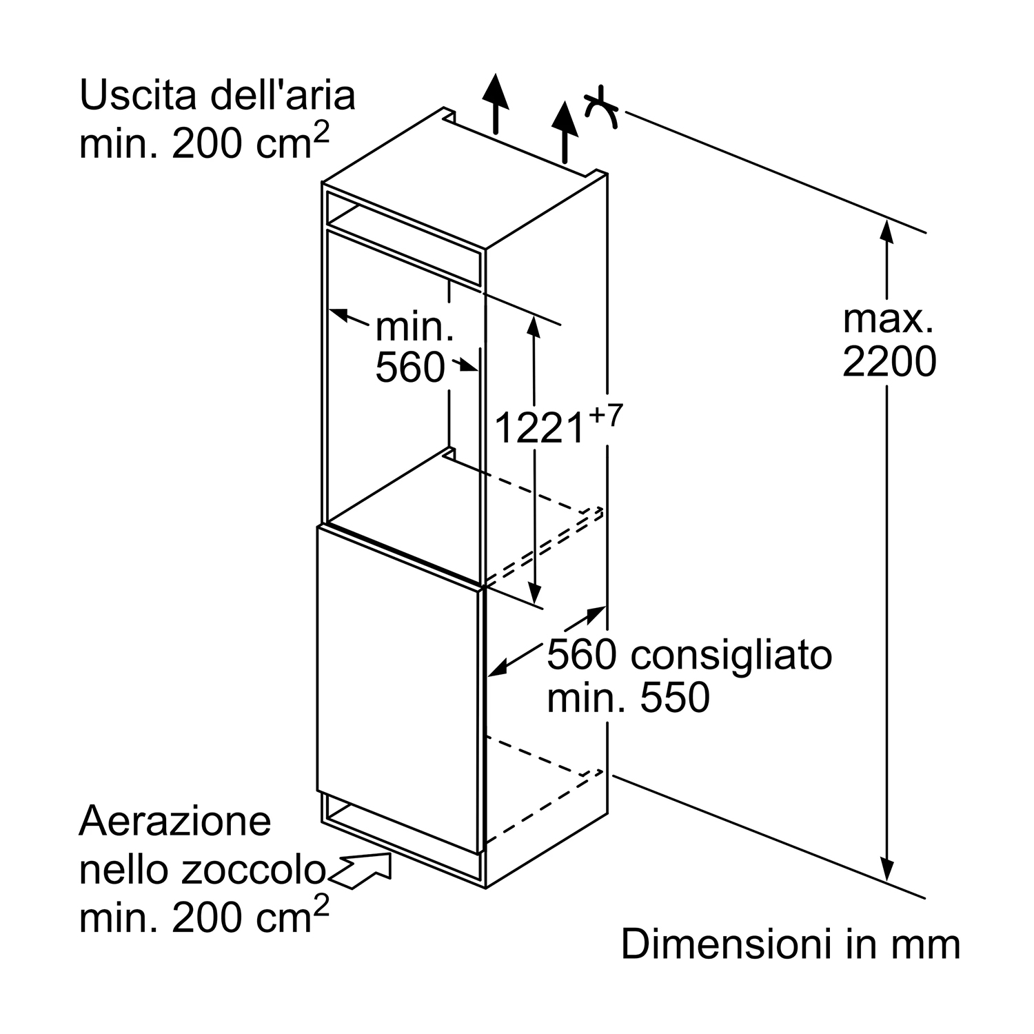 Diagramma di un armadio con dimensioni in mm. Ha due sezioni con etichette.