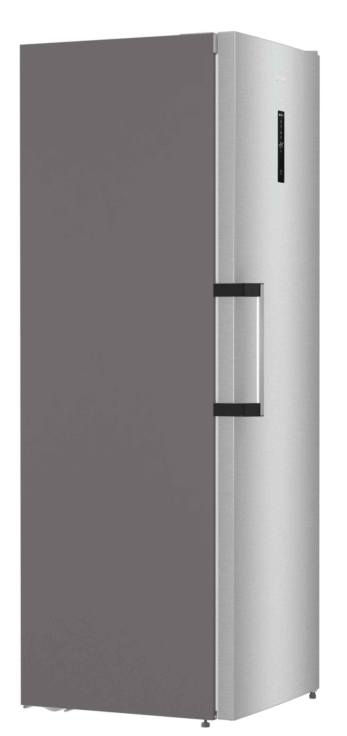 Ein Edelstahl- und grauer Kühlschrank mit Griff und Display.