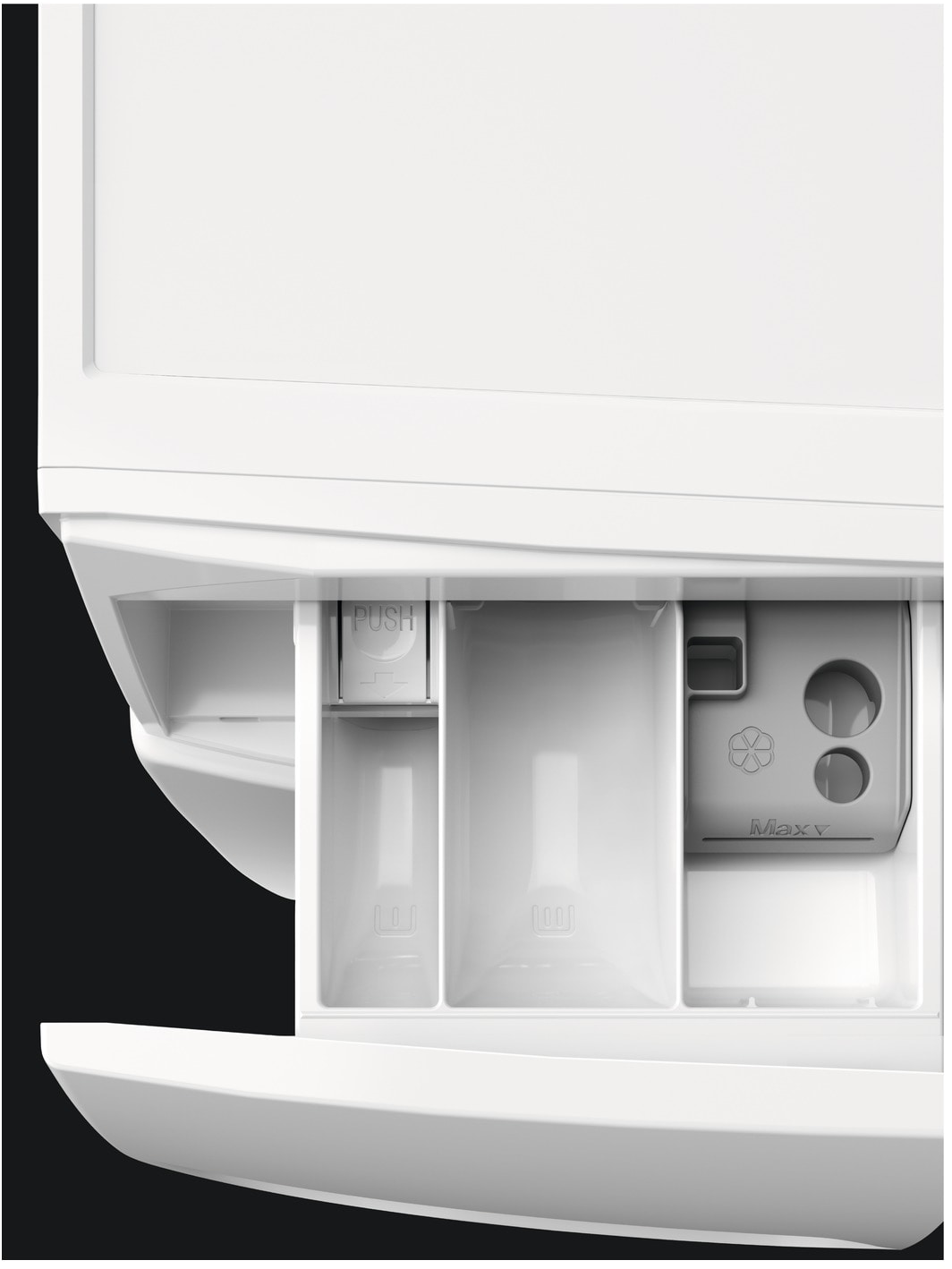 Washing machine detergent drawer, with three compartments.
