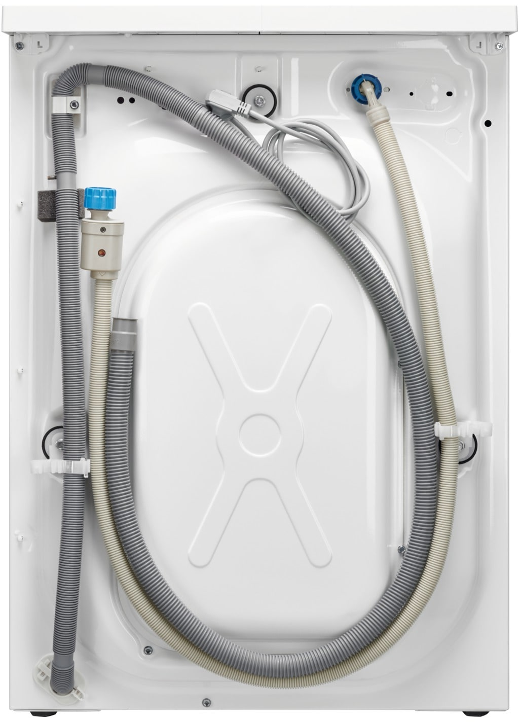 Back of a white washing machine with hoses and connections.